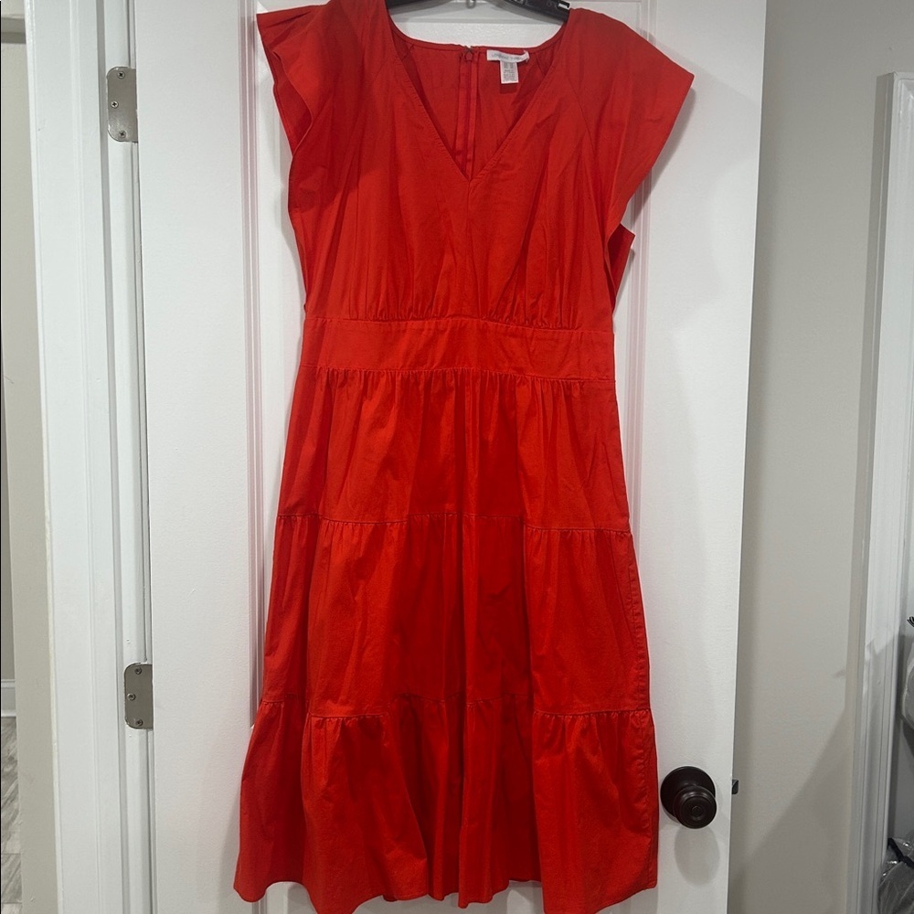 London Times Midi Red Dress with Flounce Sleeves